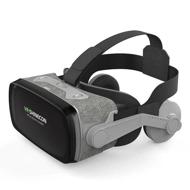 Shinecon Virtual Reality Glasses for 3D Video on Smartphones showing gray headset with adjustable straps and built-in headphones