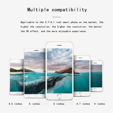 Shinecon Virtual Reality Glasses for 3D Video on Smartphones showcasing multiple compatible phone sizes for immersive 3D viewing