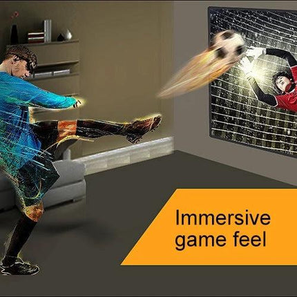 Virtual Reality Headset for Immersive 3D Entertainment and Media - user kicking virtual soccer ball in living room, immersive game feel
