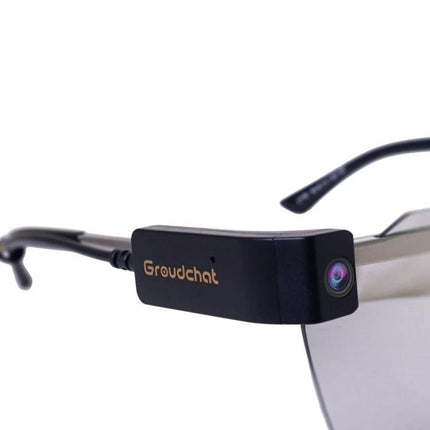 Groudchat Hands-Free Camera for Glasses with Built-In Microphone clipped to sunglass temple, hands-free video capture and built-in microphone