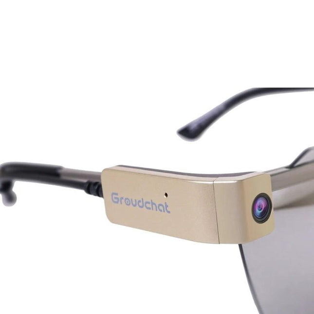 Groudchat Hands-Free Camera for Glasses with Built-In Microphone clipped to sunglasses temple showing lens and secure attachment
