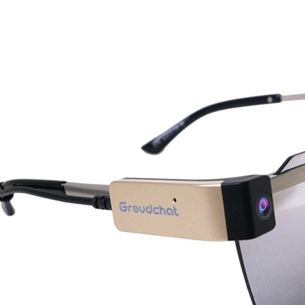 Groudchat Hands-Free Camera for Glasses with Built-In Microphone clipped to sunglasses temple for hands-free video and audio recording