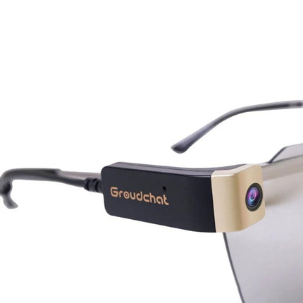 Groudchat Hands-Free Camera for Glasses with Built-In Microphone clipped to eyeglass temple showing lens and secure attachment