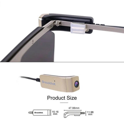Groudchat Hands-Free Camera for Glasses with Built-In Microphone clipped to eyeglass temple showing size and secure attachment