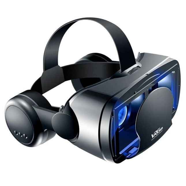 VRG All-in-One 3D VR Glasses for Mobile Phones with Coated Lenses showing black headset with coated lenses and integrated headphones