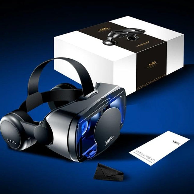 VRG All-in-One 3D VR Glasses for Mobile Phones with Coated Lenses showing headset, coated lenses, built-in headphones and packaging