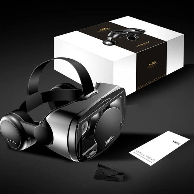 VRG Pro All-in-One 3D VR Glasses for Smartphone Entertainment showing headset, earphones, packaging and manual on black background