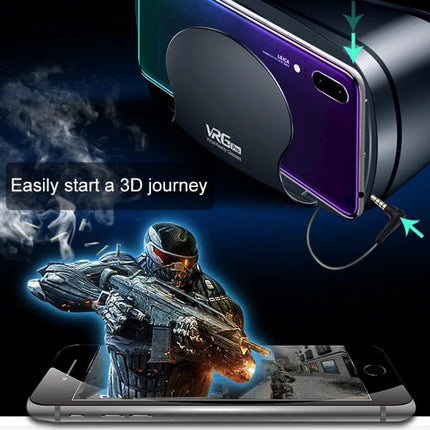 VRG Pro All-in-One 3D VR Glasses for Smartphone Entertainment showing headset with smartphone inserted and immersive 3D gaming scene