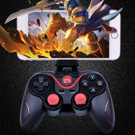 Bluetooth Gamepad for Home and Travel Gaming Sessions black wireless controller with smartphone clip showing action game