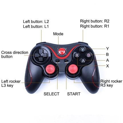 Bluetooth Gamepad for Home and Travel Gaming Sessions - black wireless controller labeled buttons and joysticks for Android, iOS, Windows