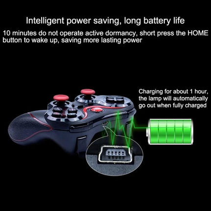 Bluetooth Gamepad for Home and Travel Gaming Sessions showing wireless controller, charging port and battery icon highlighting long battery life