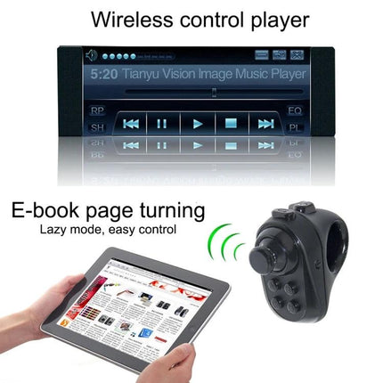 R1 Bluetooth Ring Controller for Daily Gaming and Photos compact black Bluetooth ring remote shown controlling tablet for gaming and e-book page turning