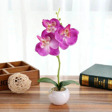 Decorative Landscaping Round Pot Three Flower Phalaenopsis Bonsai in white ceramic pot with pink cloth blooms for home, office, wedding decor