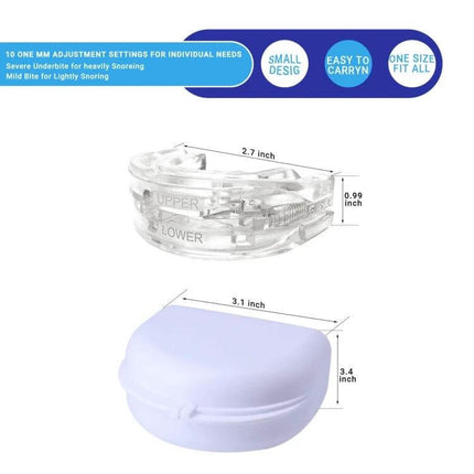Dental Tray Adjustable Snoring Aid For Night Use Adults showing clear adjustable mouthpiece with case and measurements
