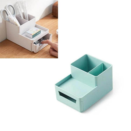 Desk-Top Pen Holder and Storage Box Grey White For Organization compact grey-white ABS desk organizer with pen cups, tray and sliding drawer for office or vanity