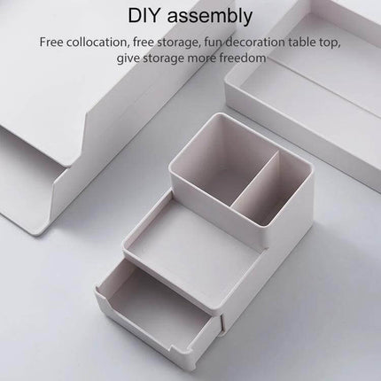 Desk-Top Pen Holder and Storage Box Grey White For Organization - modular grey white ABS desk organizer with compartments and pull-out drawer for pens clips