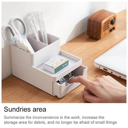 Desk-Top Pen Holder and Storage Box Grey White For Organization compact modular ABS desk organizer with pen compartments and small drawer on wooden desk