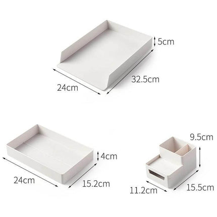 Desk-Top Pen Holder and Storage Box Grey White For Organization - modular ABS desk organizers set with tray, shallow box, and divided holder (dimensions shown)