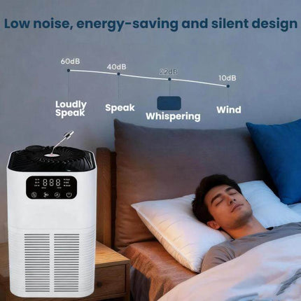 Desktop Aromatherapy Diffuser and Air Purifier With Negative Ions showing quiet 22dB whispering operation on a bedside desk next to sleeping person