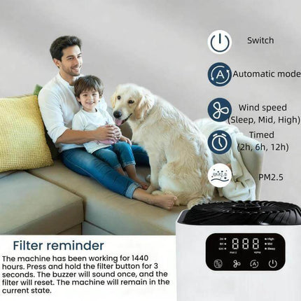 Desktop Aromatherapy Diffuser With Negative Ion Purifier on a living room sofa beside family, showing control panel and filter reminder