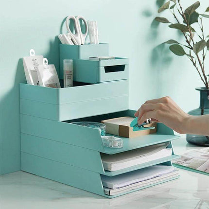 Desktop Removable Assembled Small File Storage Box Blue on desk with stacked removable drawers organizing office supplies