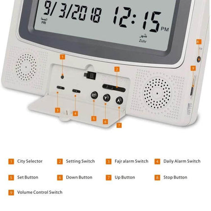Desktop Digital Perpetual Calendar Study Alarm Clock With Hijri Calendar showing large LCD time date Hijri Gregorian alarms buttons and speakers