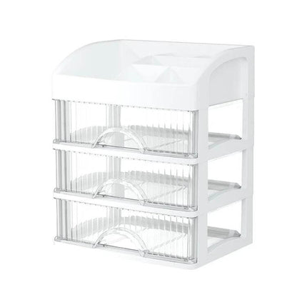 Desktop Drawer Organizer Five Layer White for Cosmetics and Jewelry - transparent five-drawer desktop storage with top compartment for makeup and jewelry