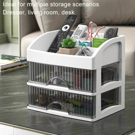 Desktop Drawer Organizer Five Layer White for Cosmetics and Jewelry - transparent five-layer desktop organizer with top compartment holding remotes, glasses, and accessories