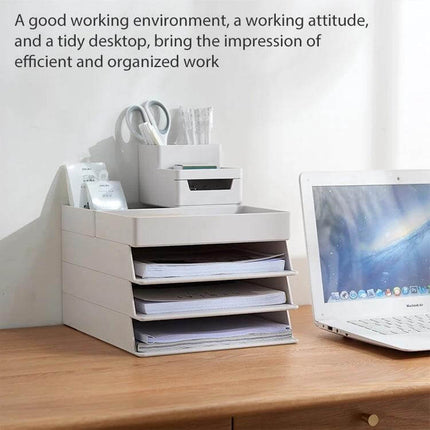 Desktop Removable Assembled Small File Storage Box Blue on desk with stacked removable drawers holding papers and stationery