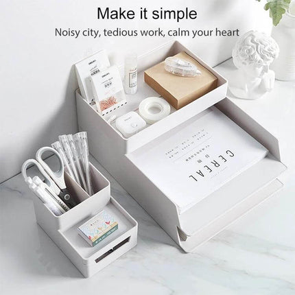 Desktop Removable Assembled Small File Storage Box Blue on white desk holding stationery, tape, notepad and cosmetics, modular removable drawers for organization