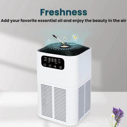 Desktop Aromatherapy Diffuser and Air Purifier With Negative Ions on a desk, compact white unit diffusing essential oils and purifying air