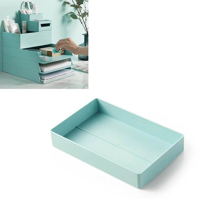 Desktop Removable Assembled Small File Storage Box Blue on desk with modular drawers holding office supplies and cosmetics
