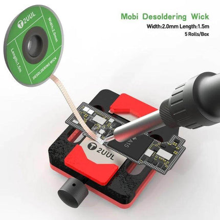 Desoldering Wick 2mm By 1.5m For Precision Electronics Repairs — 2mm wick lifting solder from PCB SMT and through‑hole joints