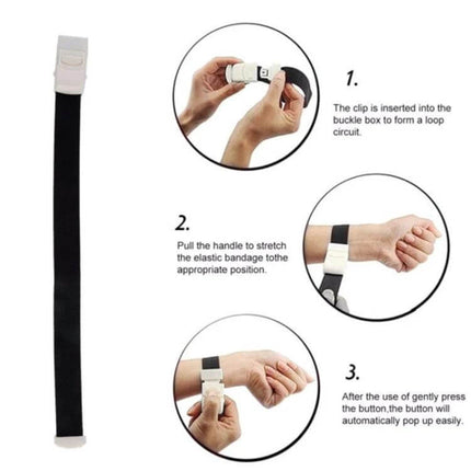 Detachable Buckle Emergency Tourniquet 2.5x40cm For Outdoor Use - black nylon tourniquet with white buckle showing step-by-step application on wrist