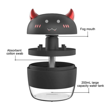 Devil Atomizing Humidifier With Colorful Night Lights - exploded view showing fog mouth, absorbent cotton swab, and 200mL water tank