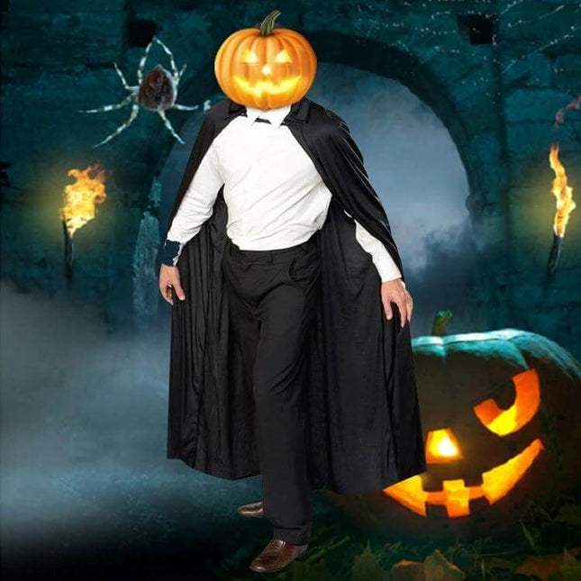 Devil Cloak With Cap For Halloween Parties And Gatherings - black theatrical cloak with integrated cap, 140cm shawl length, pumpkin head costume