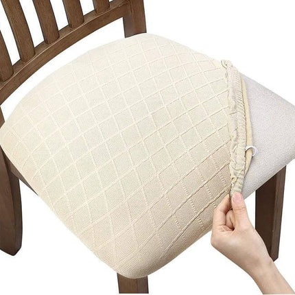 Diamond Plaid Jacquard Chair Cushion Cover 35-48cm on wooden dining chair showing diamond plaid texture and waterproof polyester protection