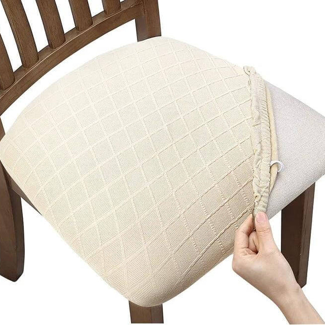 Diamond Plaid Jacquard Chair Cushion Cover 35-48cm on wooden dining chair showing diamond plaid texture and waterproof polyester protection