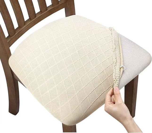 Diamond Plaid Jacquard Chair Cushion Cover 35-48cm on wooden dining chair showing diamond plaid texture and waterproof polyester protection
