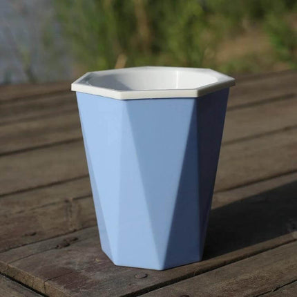 Diamond-Shaped Self-Watering Flower Pot, 12x14 cm Plastic - blue diamond silhouette plastic pot with white rim, self-watering planting basket and cotton rope ready