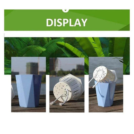 Diamond-Shaped Self-Watering Flower Pot, 12x14 cm Plastic shown in three views with planting basket and cotton rope for easy self-watering