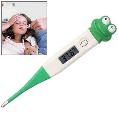 Digital Baby Thermometer With Flexible Probe For Home Use showing a frog-design flexible probe thermometer and inset of caregiver taking child’s temperature