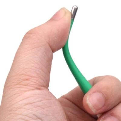 Digital Baby Thermometer With Flexible Probe For Home Use - close-up of green flexible probe held between fingers, compact design and smooth tip