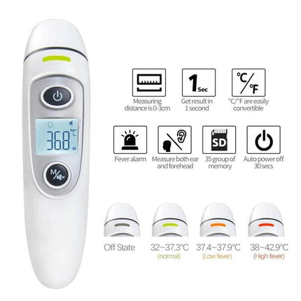 Digital Infrared Ear and Forehead Thermometer for Babies showing one-button design, LCD reading 36.8°C, fever color indicators and feature icons