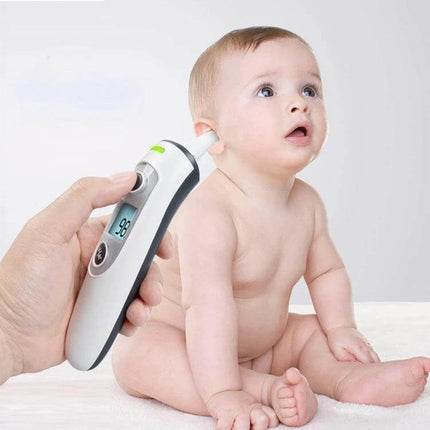 Digital Infrared Ear and Forehead Thermometer for Babies being used to take a baby’s ear temperature quickly with a one-button design