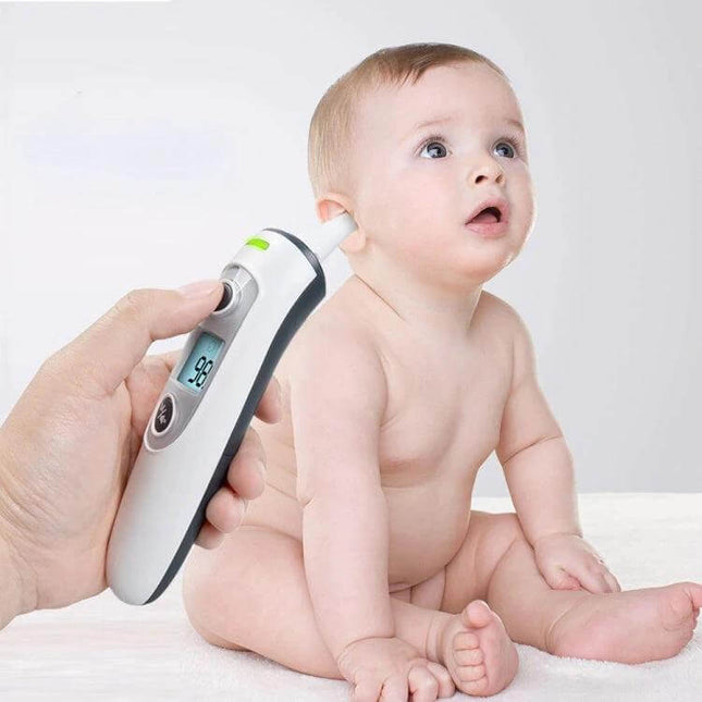 Digital Infrared Ear and Forehead Thermometer for Babies being used to take a baby’s ear temperature quickly with a one-button design
