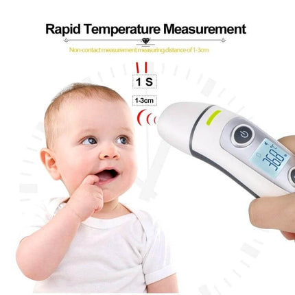 Digital Infrared Ear and Forehead Thermometer for Babies showing one-button non-contact forehead reading near infant in under 1 second