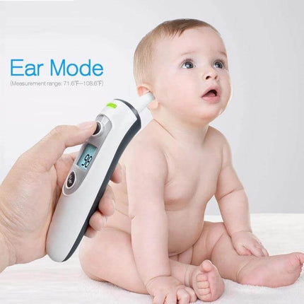 Digital Infrared Ear and Forehead Thermometer for Babies being used in ear mode on a seated infant for quick under‑1‑second temperature reading