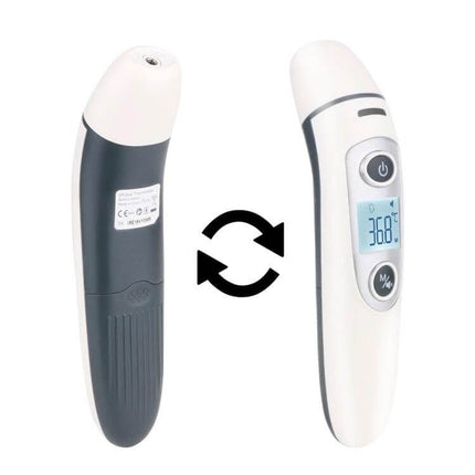 Digital Infrared Ear and Forehead Thermometer for Babies showing front and back views with LCD reading and one-button operation