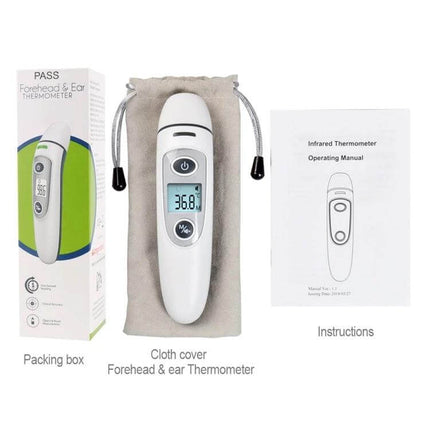 Digital Infrared Ear and Forehead Thermometer for Babies showing device, pouch, box and manual for quick under‑1‑second readings